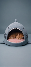 Niche grotte en forme de requin pour chat, avec coussin intérieur amovible